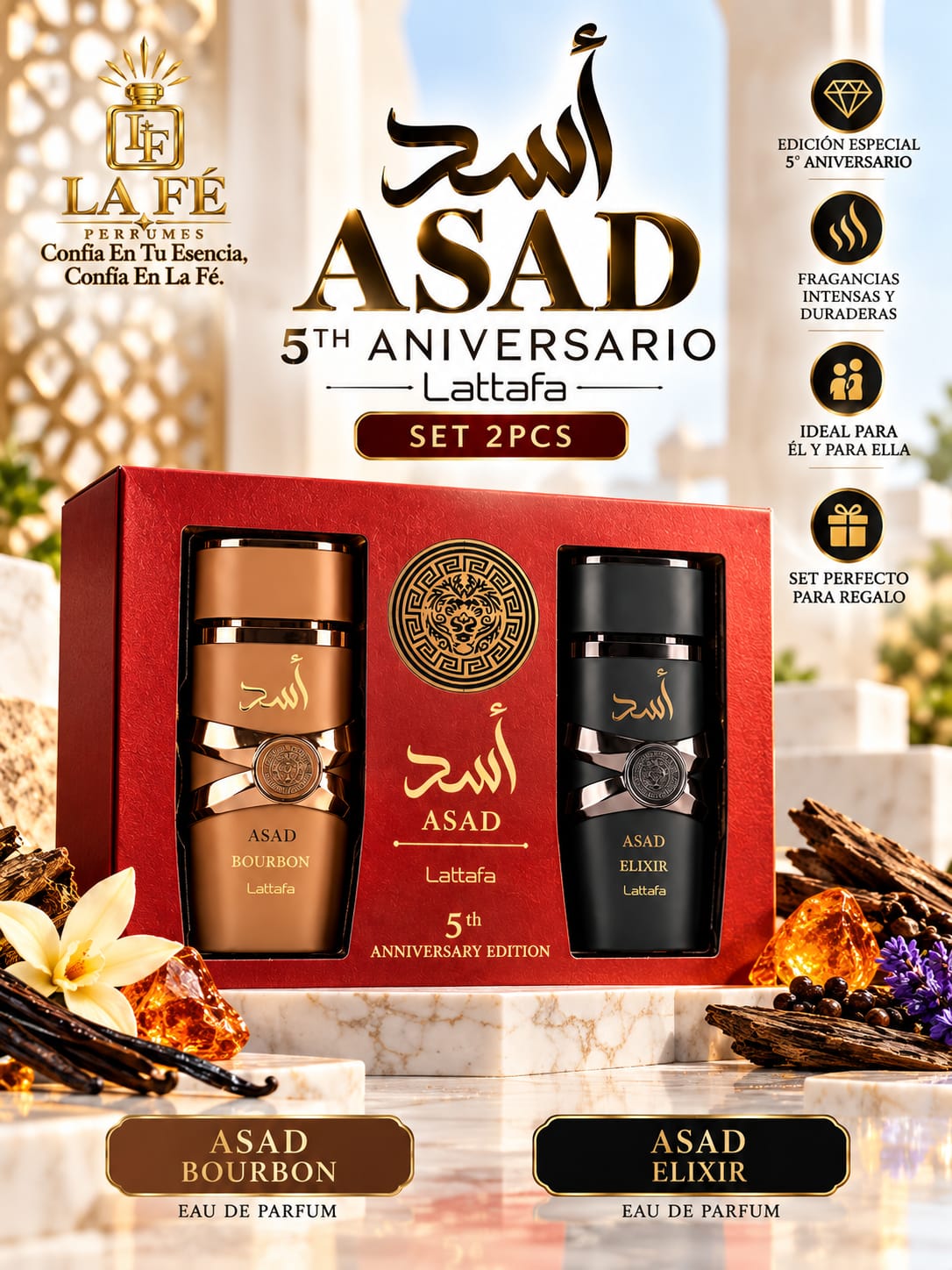 Set Lattafa 5th Aniversario Asad Bourbon 100ml + Asad Elixir 100ml Man